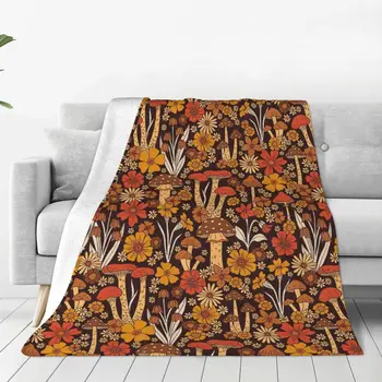 Klasicni 1970-ih, Smeđe-narančasta, s gljivama I cvijećem Pokrivač, Prekrivač za krevet, Плюшевое pokrivač veličine 